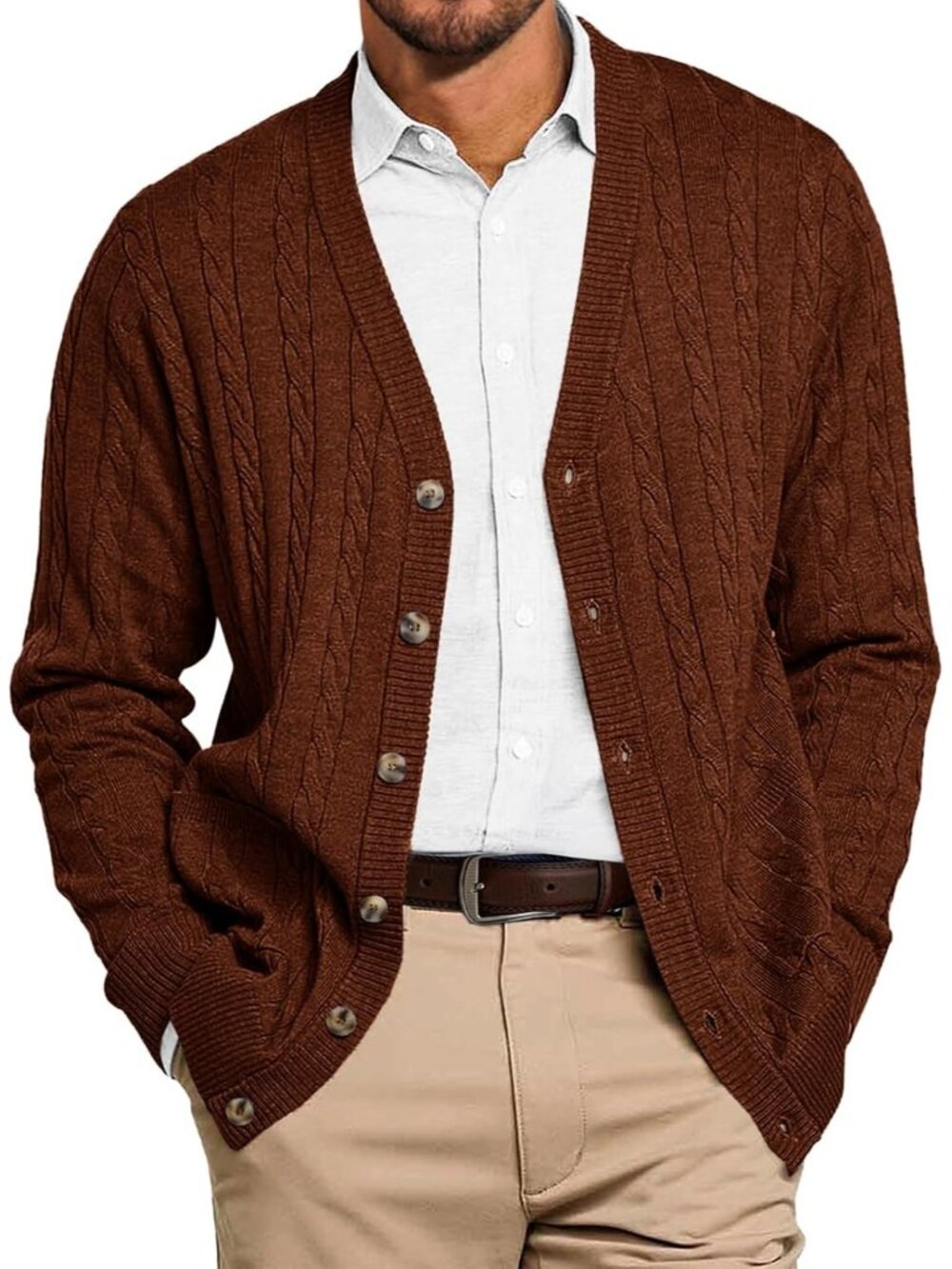 🆕Men's Dark Brown Chunky Knit Cardigan Sweater V Neck Button Up With Pockets